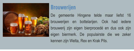 Brouwerijen De gemeente Hingene telde maar liefst 16 brouwerijen en bottelarijen. Ook had iedere brouwerij zijn eigen bierprocedé en dus ook zijn eigen biermerk. De populairste die we zeker kennen zijn Welta, Rex en Krak Pils.