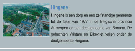 Hingene Hingene is een dorp en een zelfstandige gemeente tot de fusie van 1977 in de Belgische provincie Antwerpen en een deelgemeente van Bornem. De gehuchten Wintam en Eikevliet vallen onder de deelgemeente Hingene.